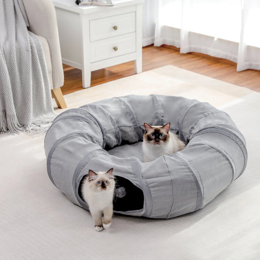 Pawzroad Cat Tunnel with Soft Cushion 2-In-1 Collapsible Hideaway round Shape,Gray